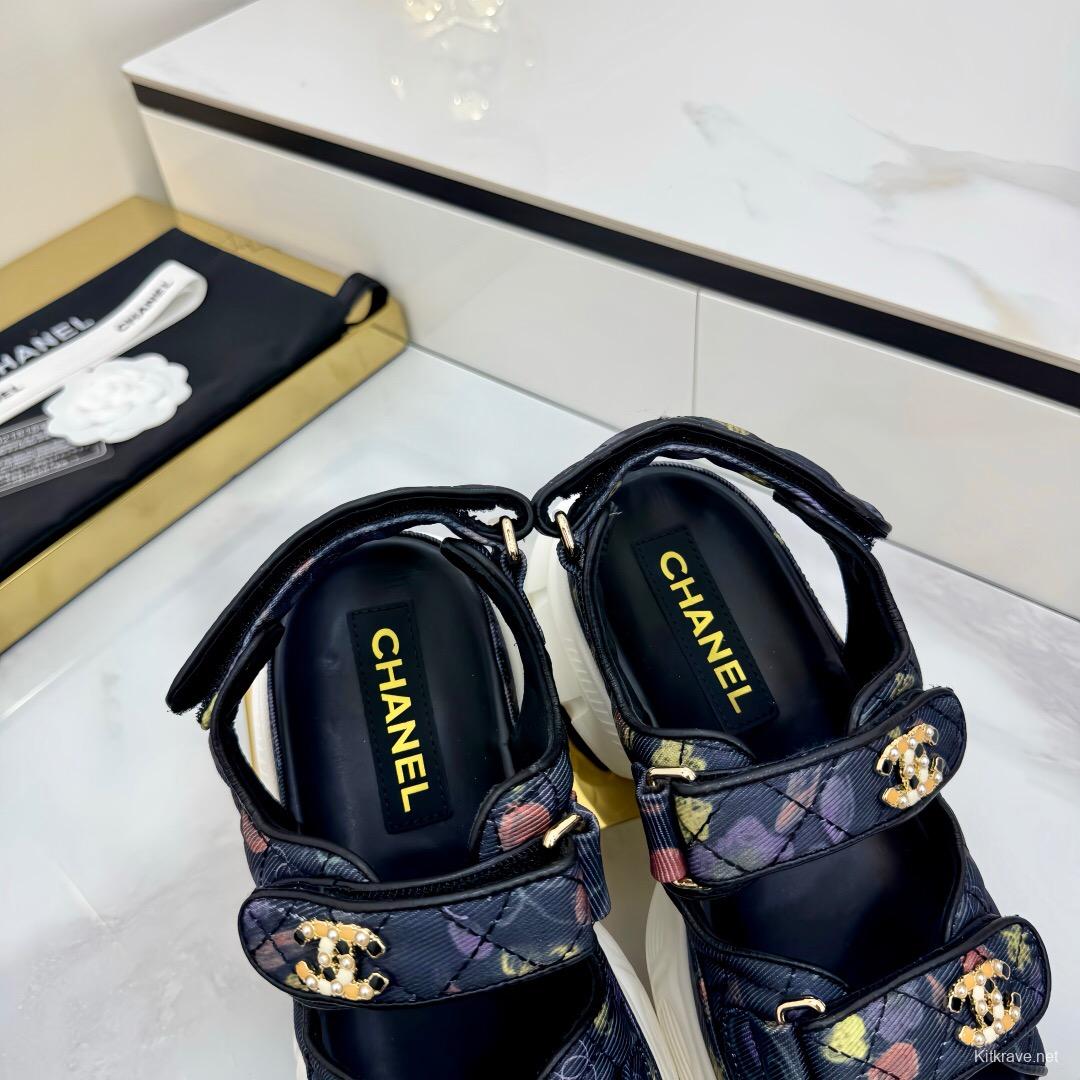 2025 Women Chanel Black Multicolor Fabric Leather Sandals LY00330