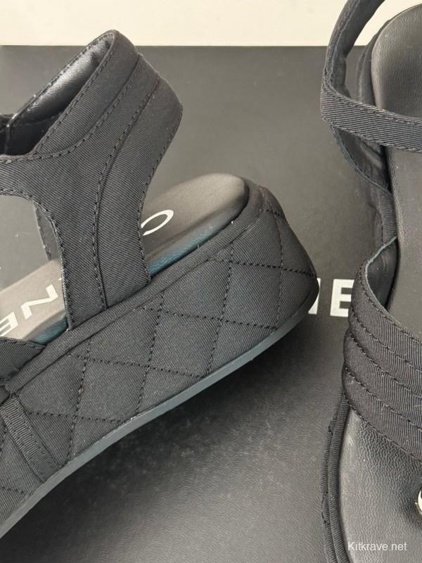 2025 Women Chanel Black Fabric Platform Sandals