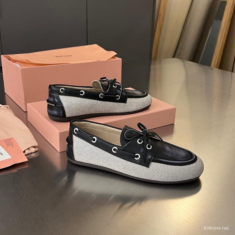 2025 Women Miu Miu Black Beige Leather Fabric Loafers