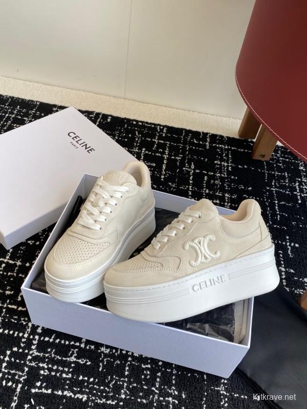 2025 Women Celine Beige Suede Platform Sneakers KFY00320