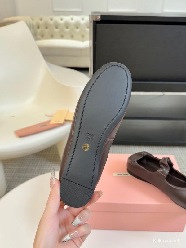 2025 Women Miu Miu Brown Leather Ballet Flats