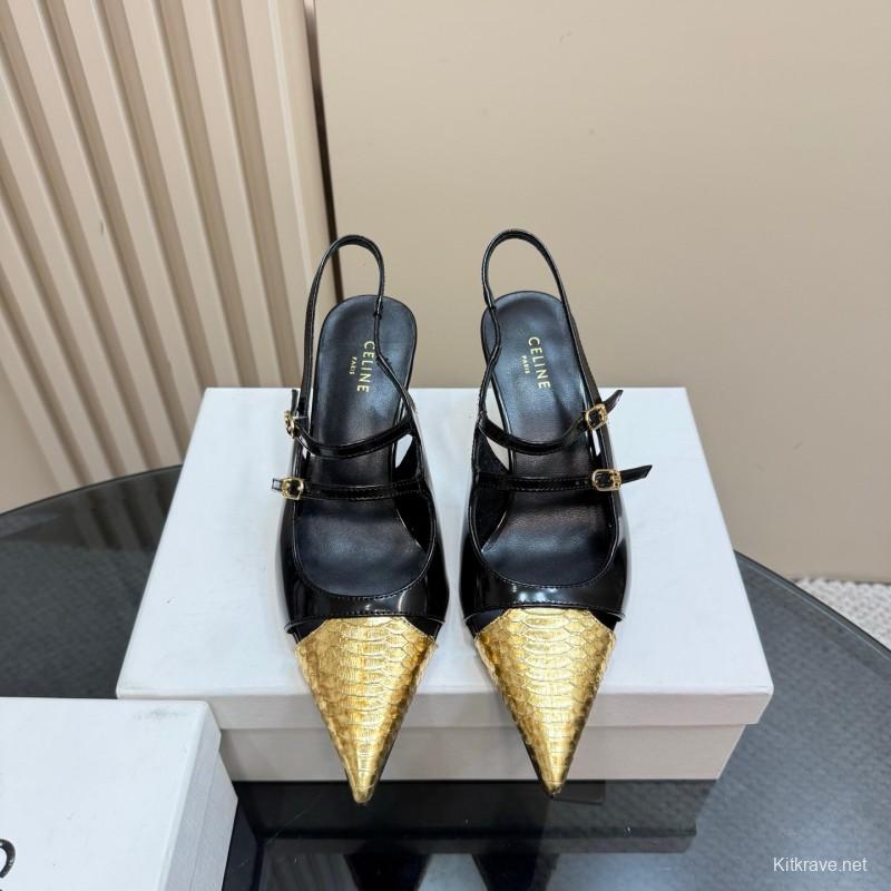 2025 Women CELIN* Black Gold Leather Pointed Toe Slingback Heels
