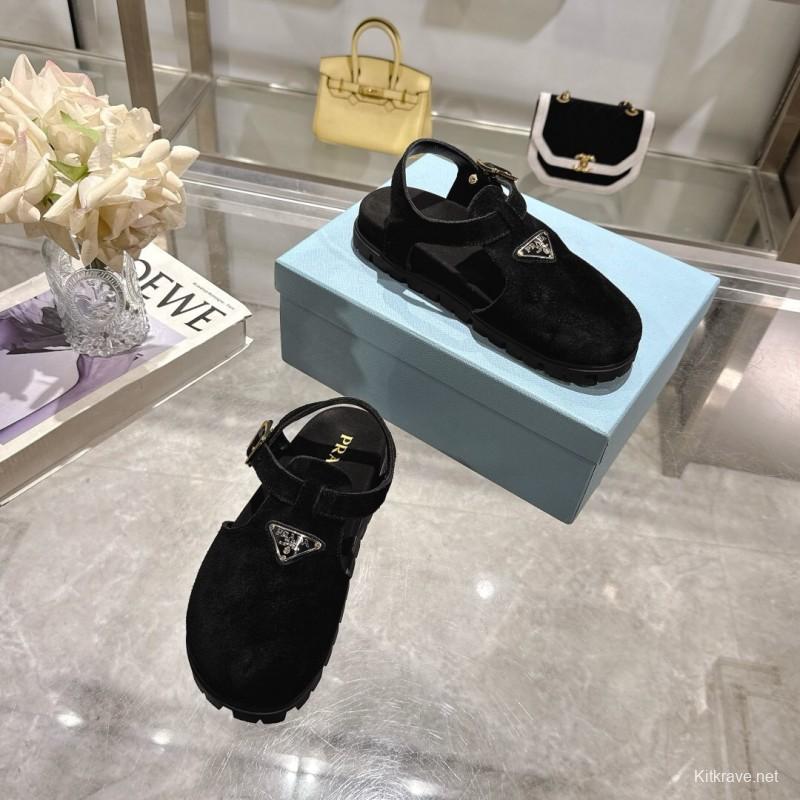 2025 Women Prada Black Suede Sandals LY00270