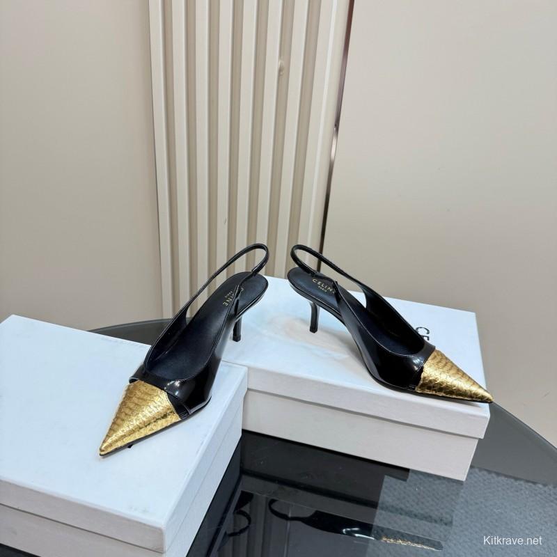 2025 Women CELINE Black Gold Leather Slingback Heels
