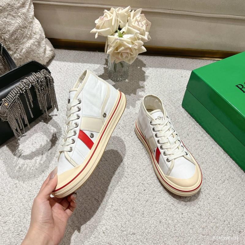 2025 Unisex Bottega Veneta White Red Canvas Leather Sneakers LY00