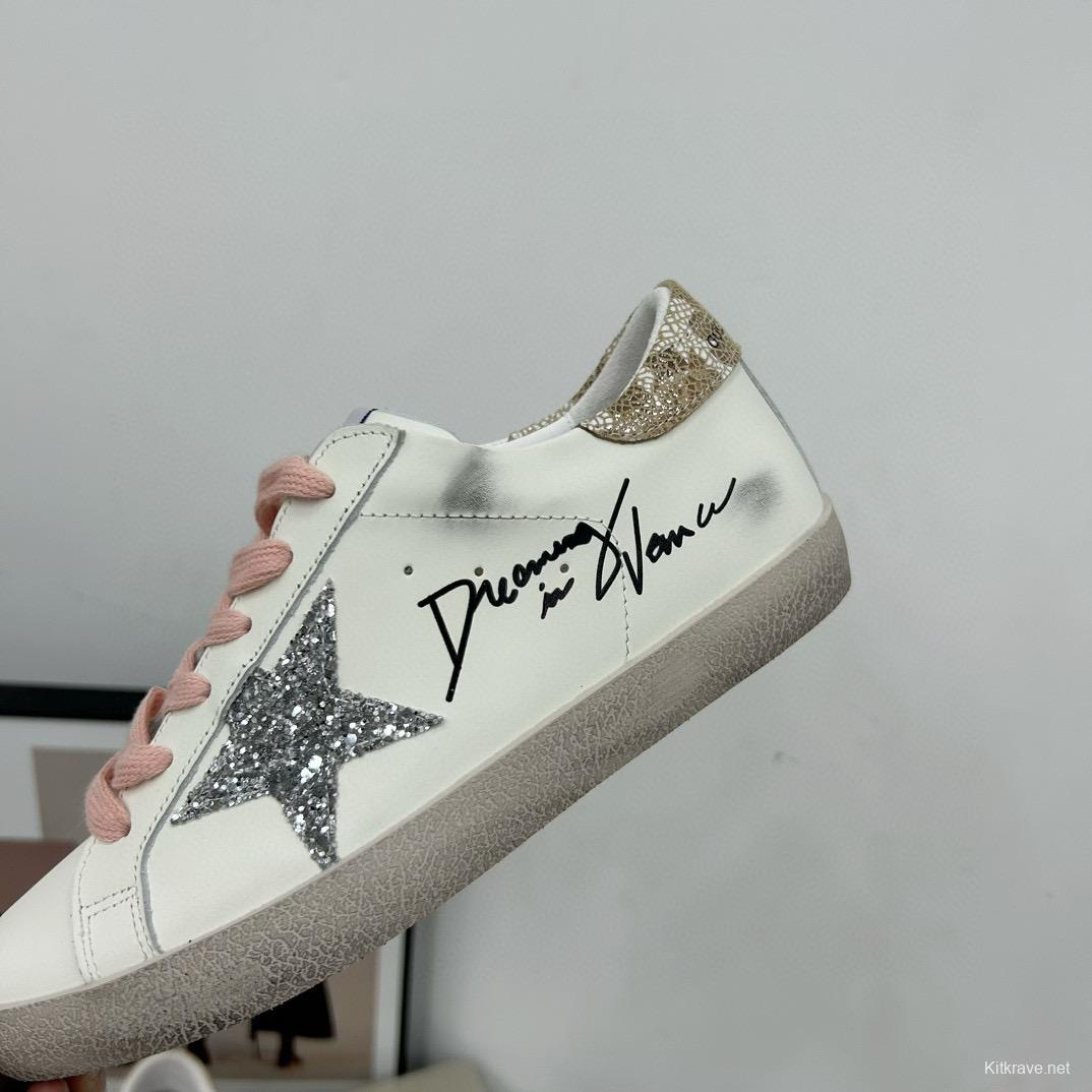 2025 Women GGDB White Pink Leather Suede Sneakers