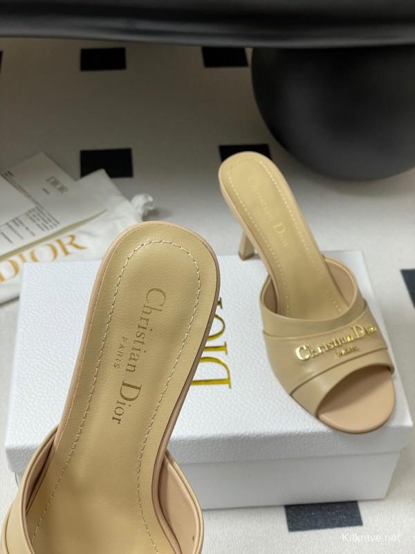 2025 Women Dior Beige Leather Heeled Slippers Christian Dior Logo