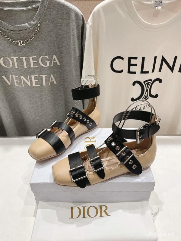 2025 Women Dior Beige Black Leather Mary Jane Buckle Flats