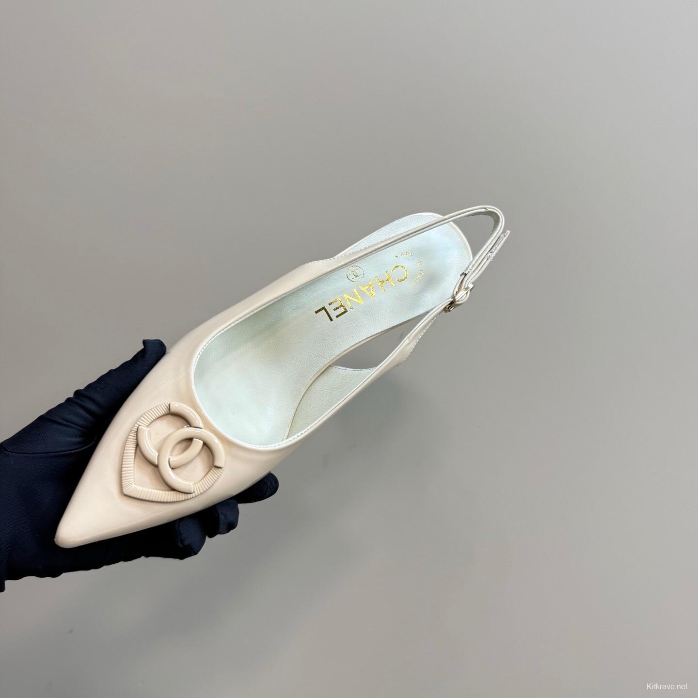 2025 Women Chanel Beige Patent Leather Slingback Heels