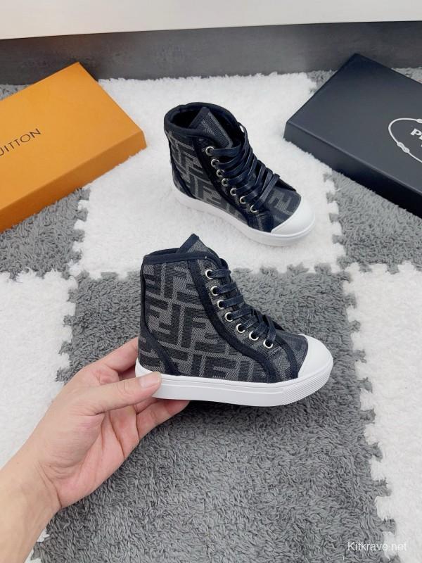 2024 Kids Fendi Brown Black Canvas High Top Sneakers