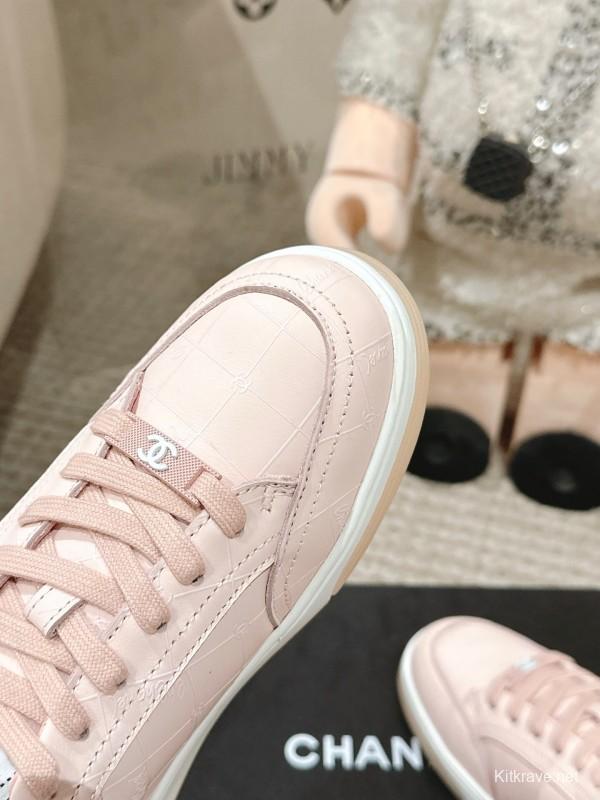 2025 Women Chanel Pink Leather Sneakers