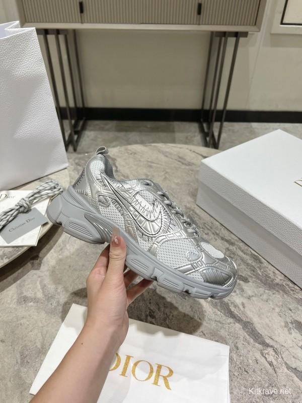 2025 Women Dior Silver Mesh Leather Sneakers
