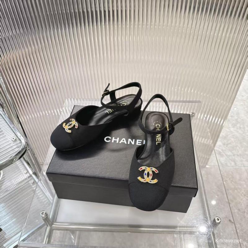2025 Women Chanel Black Fabric Slingback Sandals