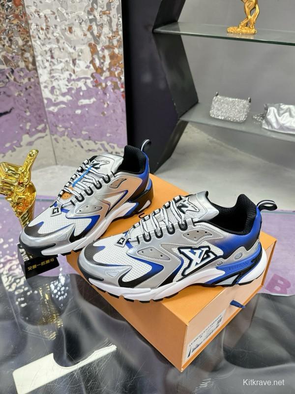 2025 Men Louis Vuitton White Blue Leather Mesh Sneakers MJ00420