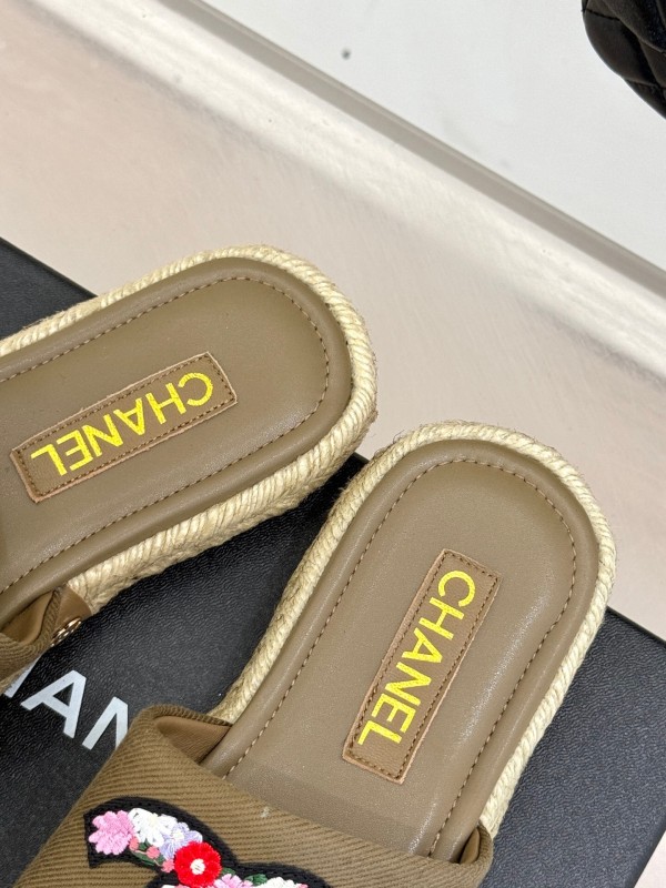 2025 Women Chanel Khaki Embroidered Lambskin Slippers KFY00230