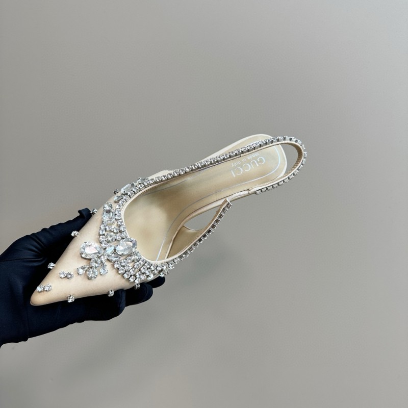 2025 Women Gucci Beige Silk Crystal Embellished Slingback Heels MJ00340