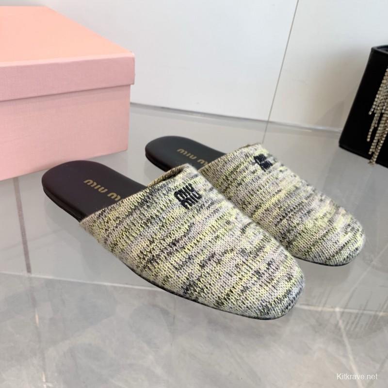 2025 Miu Miu Grey Black Fabric Slippers