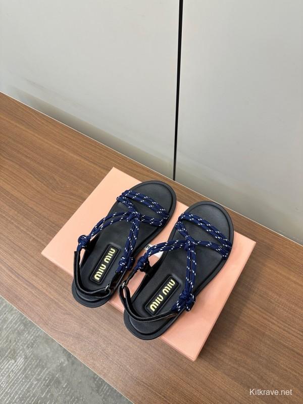 2025 Women Miu Miu Blue Black Leather Rope Sandals