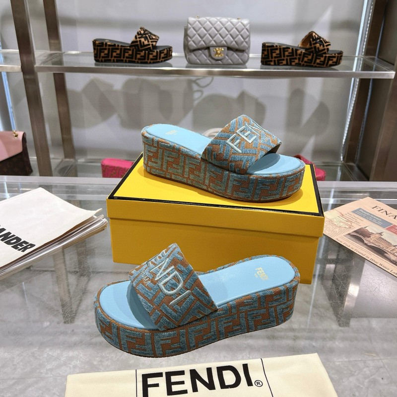 2025 Women Fendi Blue Brown Canvas Slippers