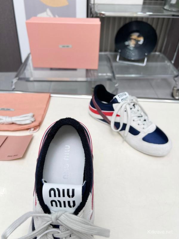 2025 Women Miu Miu Navy White Red Suede Fabric Sneakers LY00