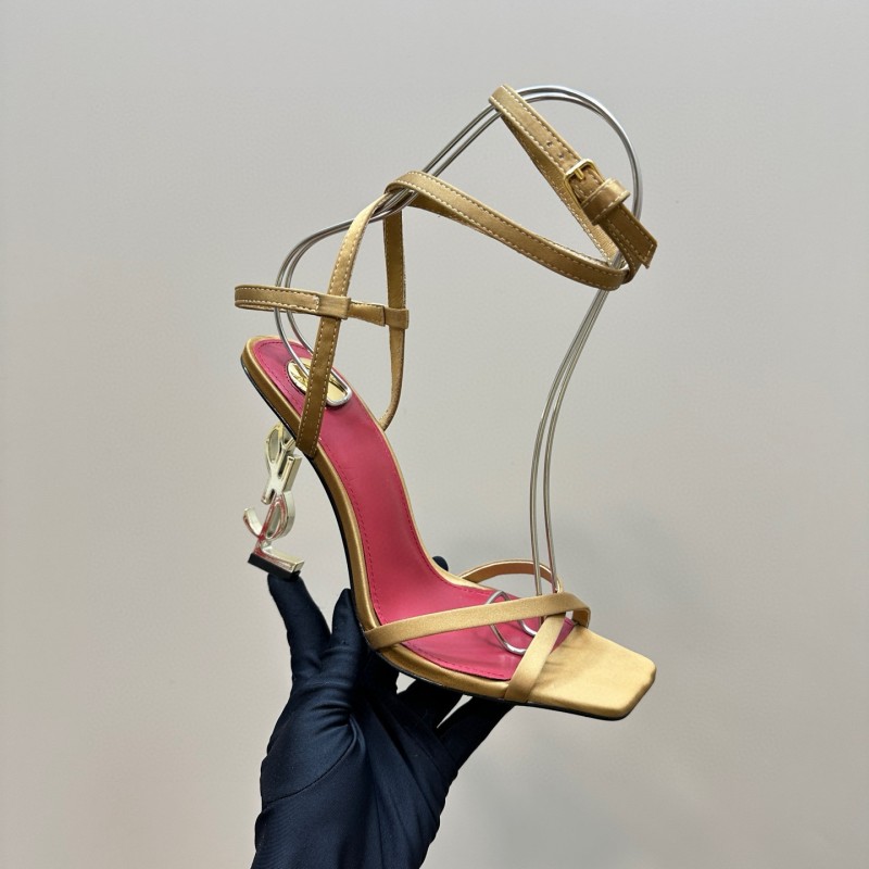 2025 Women Yves Saint Laurent Yellow Silk Strappy Heels