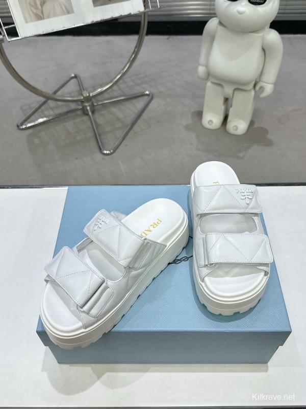2025 Women Prada White Leather Sandals