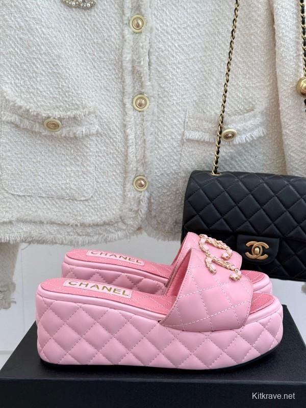 2025 Women Chanel Pink Leather Platform Slide Sandals