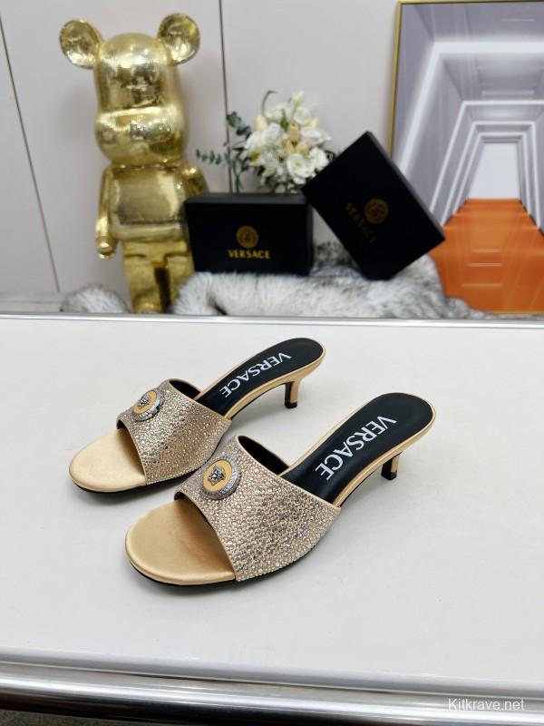 2025 Women VERSACE Gold Silk Rhinestone Heeled Sandals