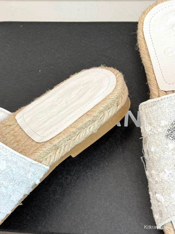 2025/Women Chanel White Lace Espadrille Slide Sandals Handwoven Jute Sole KFY00240(F)