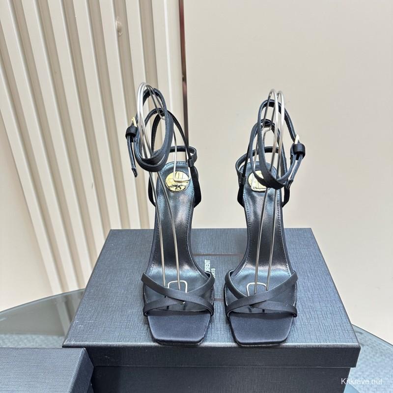 2025 Women Yves Saint Laurent Black Satin High Heel Sandals KFY00290