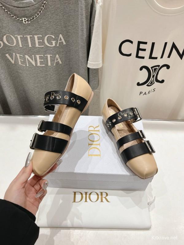 2025 Women Dior Beige Black Leather Mary Jane Buckle KFY00300