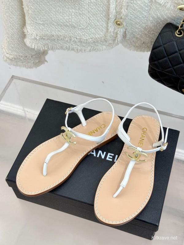 2025 Women Chanel White Leather Sandals KFY00290