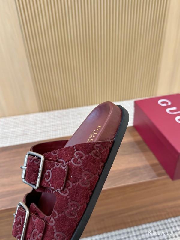 2025 Women Gucci Red Suede Leather Sandals Double Buckle LY00260