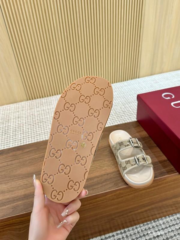 2025 Women Gucci Beige Canvas Leather Slippers LY00360