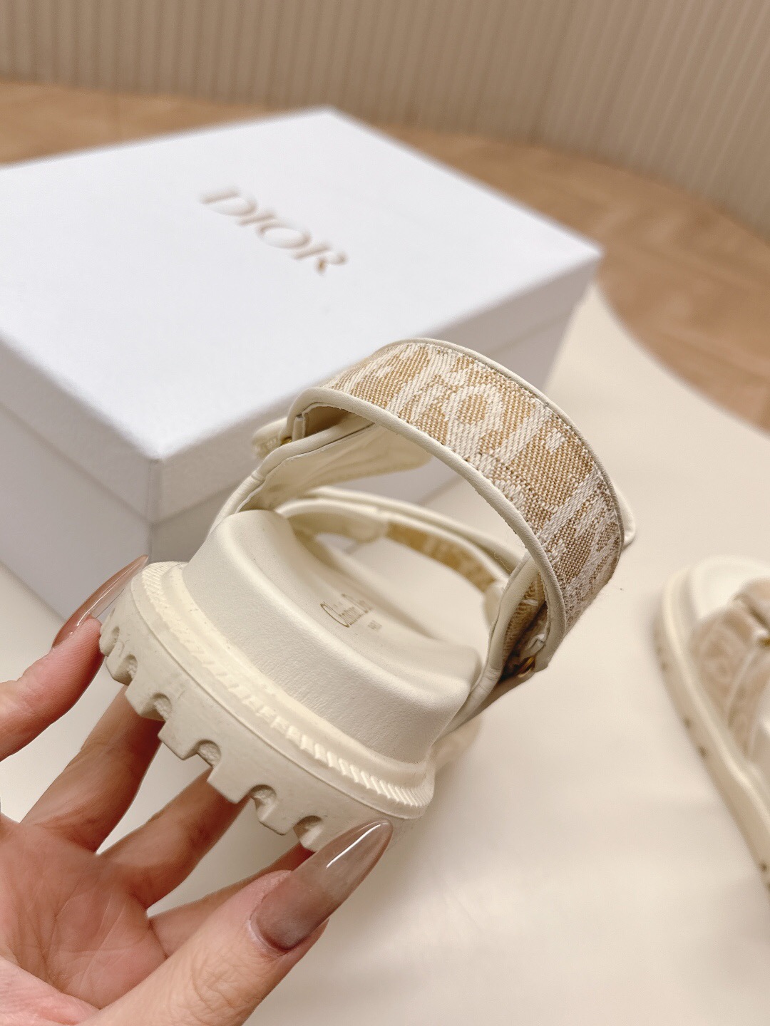 2025 Women Dior Beige Canvas Sandals Magic Tape LY