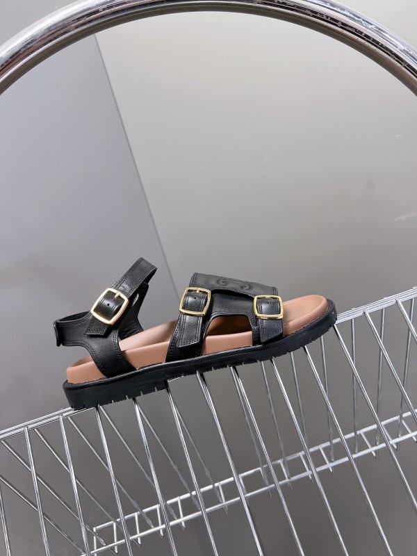 2025 Women Celine Black Leather Sandals Buckle KFY00280