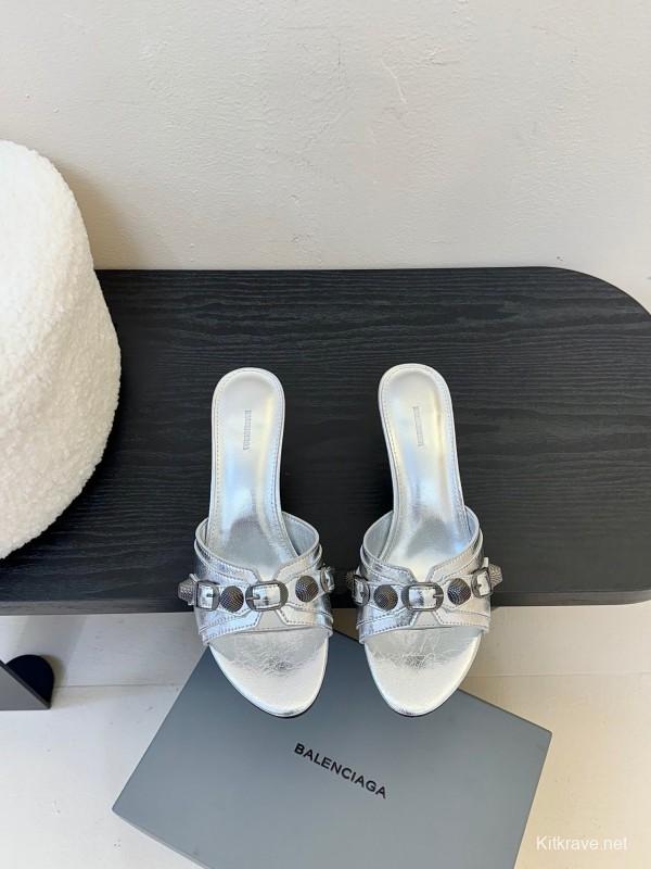 2025 Women Balenciaga Silver Leather High Heel Mules