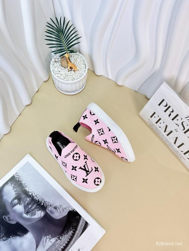 2024 Kids Louis Vuitton White Black Pink Canvas Slip-On Sneakers