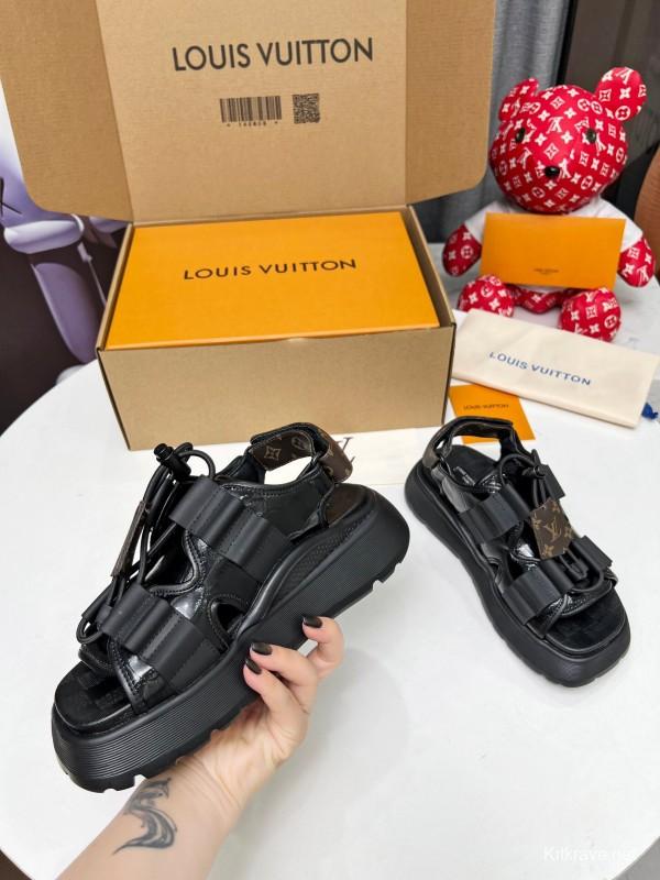 2025 Women Louis Vuitton Black Leather Fabric Sandals LV00310