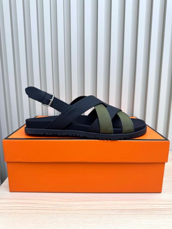 2025 Women Hermès Black Green Leather Nylon Sandals LY00270