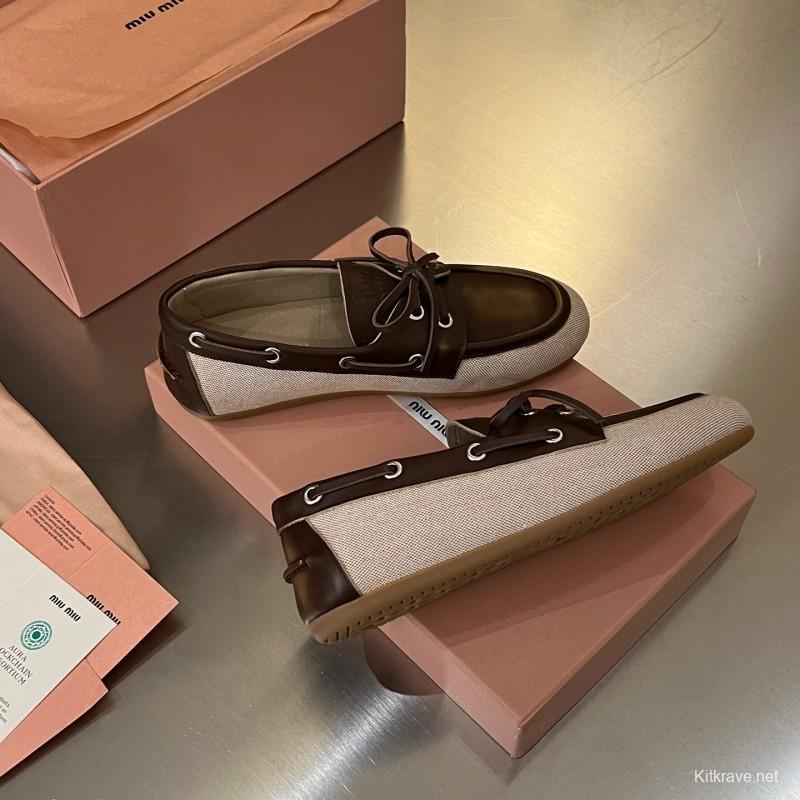 2025 Women Miu Miu Brown Beige Leather Canvas Loafers LY00230
