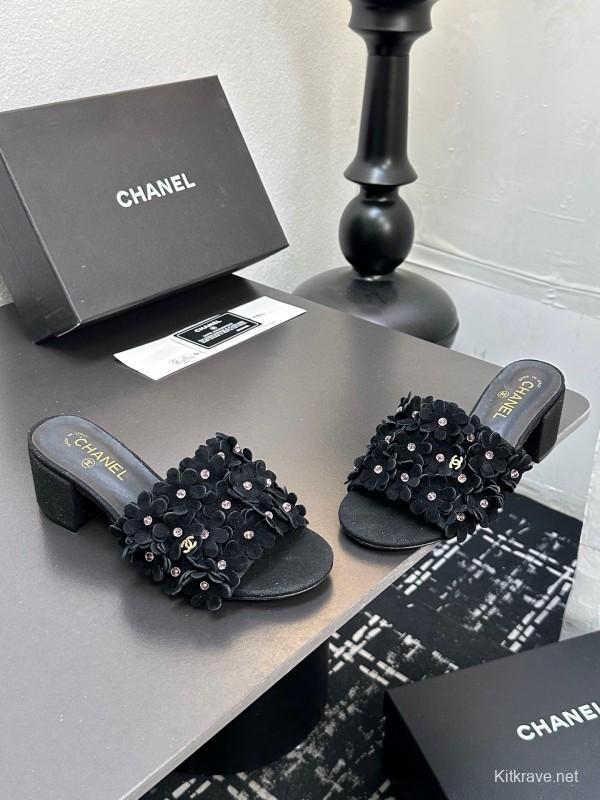 2025 Women Chanel Black Suede Heeled Slippers