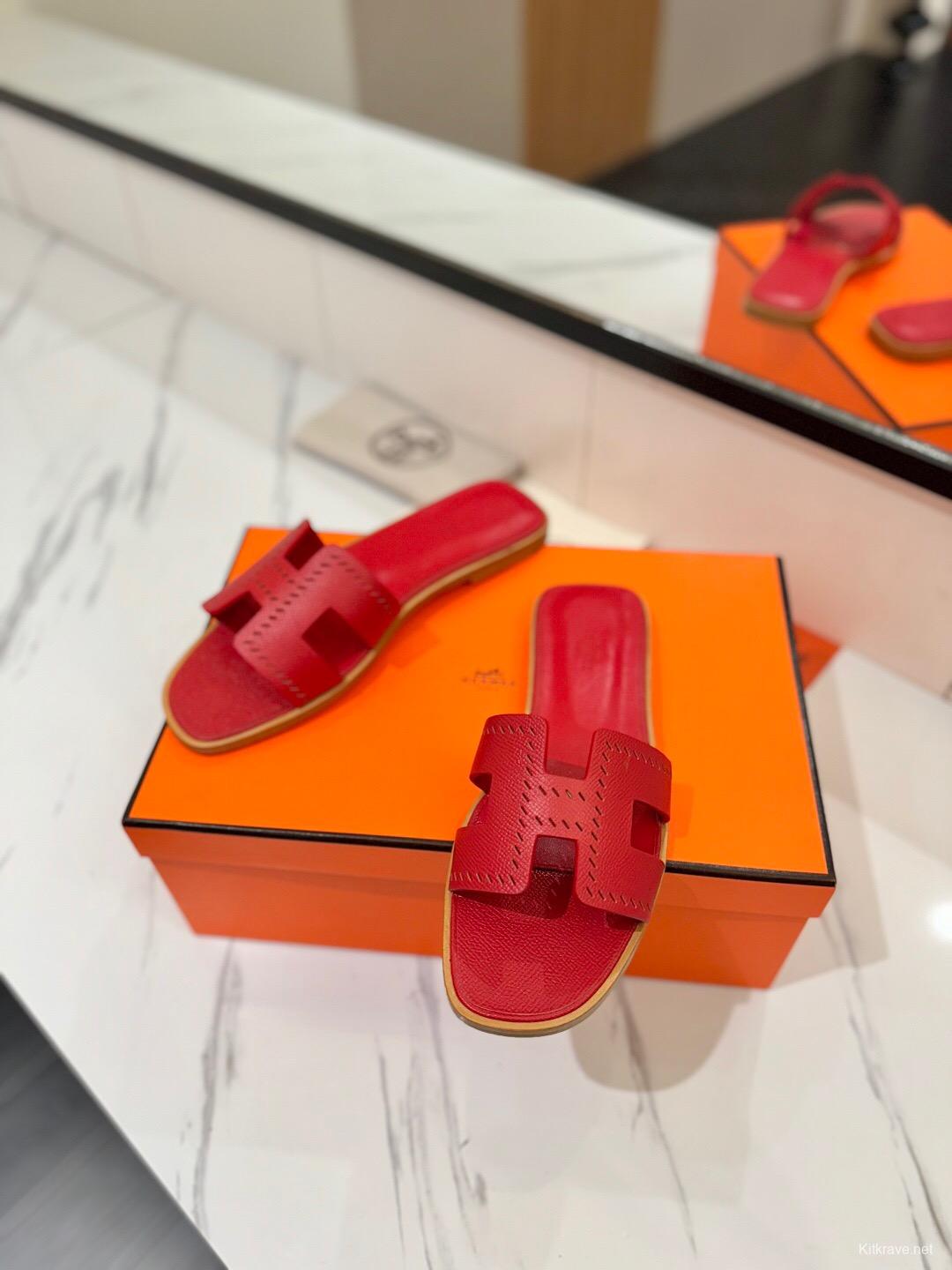 2025 Women Hermès Red Leather Slippers