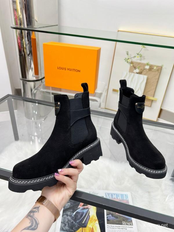 2024 Women Louis Vuitton Black Suede Leather Ankle Boots MJ00310