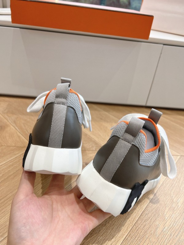 2024 Unisex Hermès Beige Grey Orange Black Leather Suede Knit Sneakers MJ00290