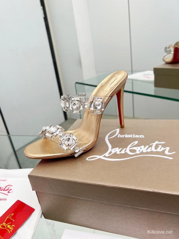 2025 Women Christian Louboutin Gold Leather High Heel Sandals LY00300