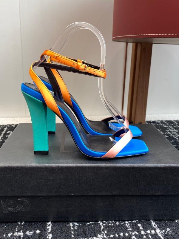2025 Women Yves Saint Laurent Blue Orange Pink Leather Suede High Heel Sandals