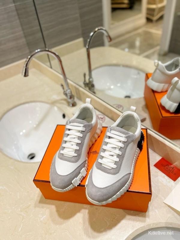 2024 Unisex Hermès White Gray Suede Mesh Sneakers MJ00320