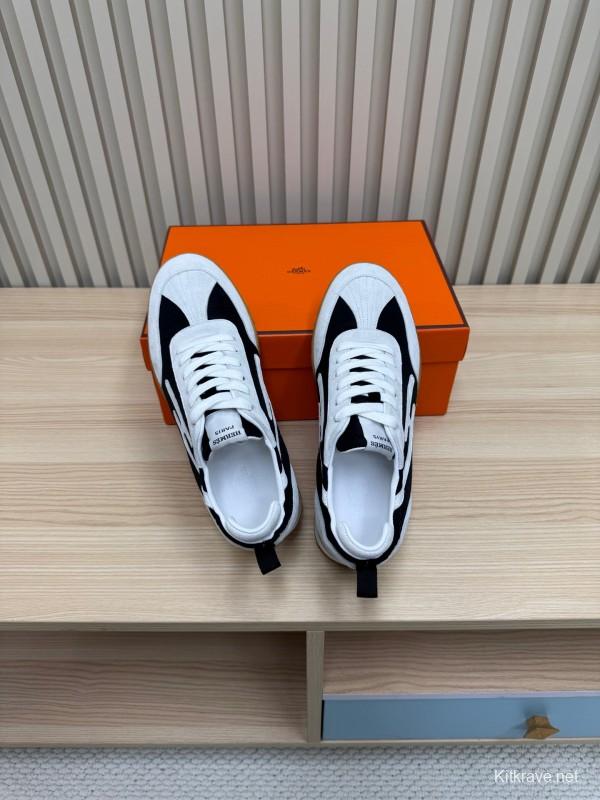 2025 Unisex Hermès White Black Suede Down Fabric Sneakers Top Version LY00310