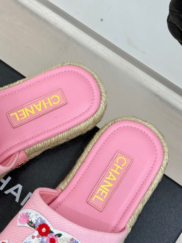 2025 Slippers Chanel Pink Canvas Embroidered KFY00230